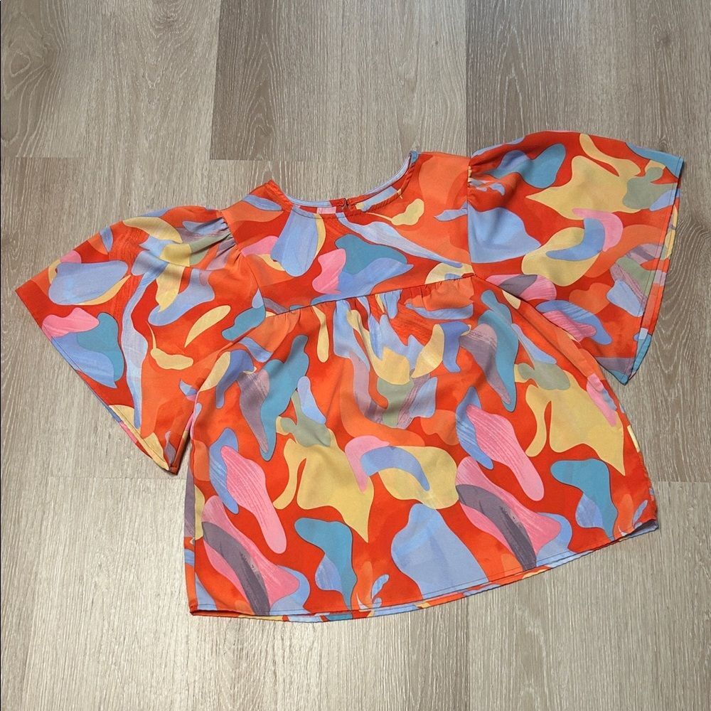 Boutique Brand Colorful Abstract Fluid Print Wide Short 1/2 Sleeve Blouse Sz S